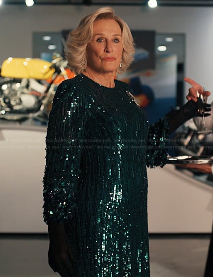 Dina’s green sequin embellished maxi dress on Alls Fair