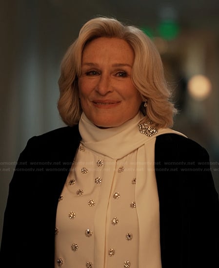 Dina’s white embellished blouse on Alls Fair