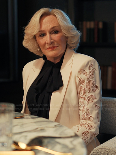 Dina’s white lace sleeve blazer on Alls Fair
