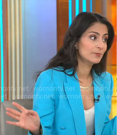 Dr Celine Gounder’s turquoise blue blazer on CBS Mornings