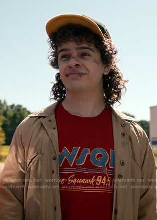 Dustin’s red WSQK print sweatshirt on Stranger Things