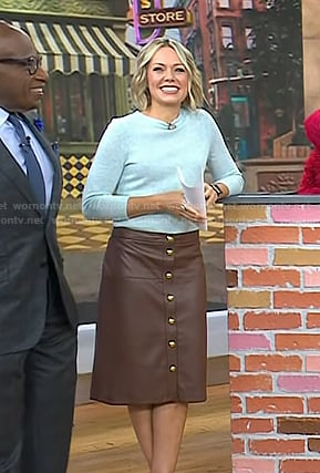 Dylan’s blue sweater and brown leather skirt on Today