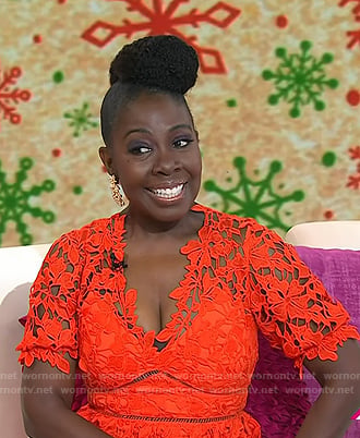 Elaine Swann’s red floral lace dress on Today