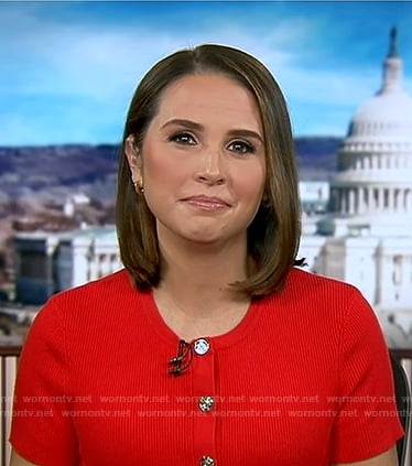 Elisabeth’s red ribbed short sleeve cardigan on Good Morning America