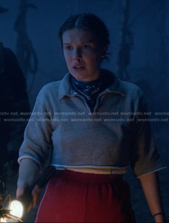 El’s grey cut-sleeve cropped sweatshirt on Stranger Things