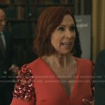 Elsbeth’s pink embellished v-neck sheath dress on Elsbeth