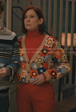 Elsbeth’s floral crochet knit cardigan on Elsbeth