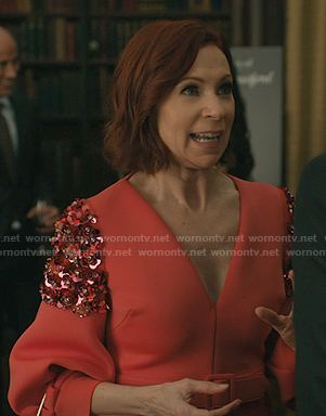 Elsbeth’s pink embellished v-neck sheath dress on Elsbeth