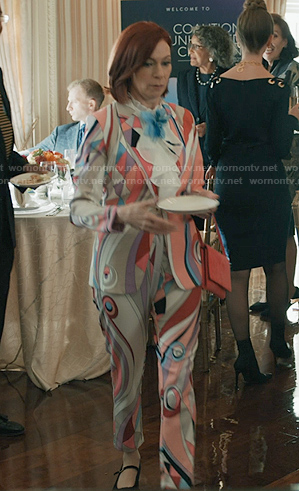 Elsbeth’s pink print blazer and pants on Elsbeth