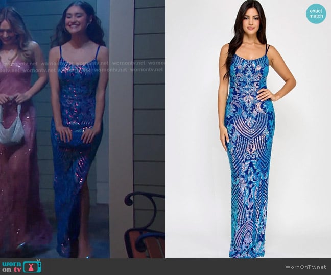 Emerald Sundae Juniors' Sequined Side-Slit Gown in Royal Aqua worn by Arianna Horton (Marissa Reyes) on Days of our Lives