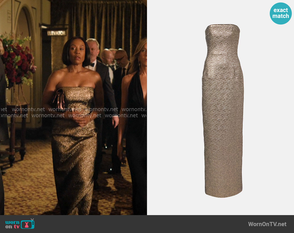 Emilia Wickstead Laelia jacquard corset gown worn by Mia Jordan (Karen Pittman) on The Morning Show