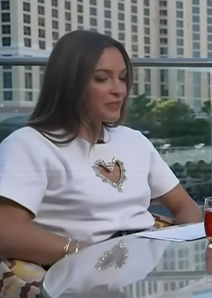 Emily’s white heart embellished tee on Access Hollywood