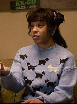 Erica’s blue dog print sweater and lilac jacket on Stranger Things