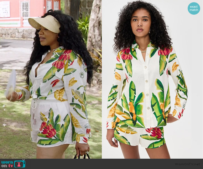 Farm Rio Summer Foliage Button Down worn by Angel Massie on The Real Housewives of Potomac