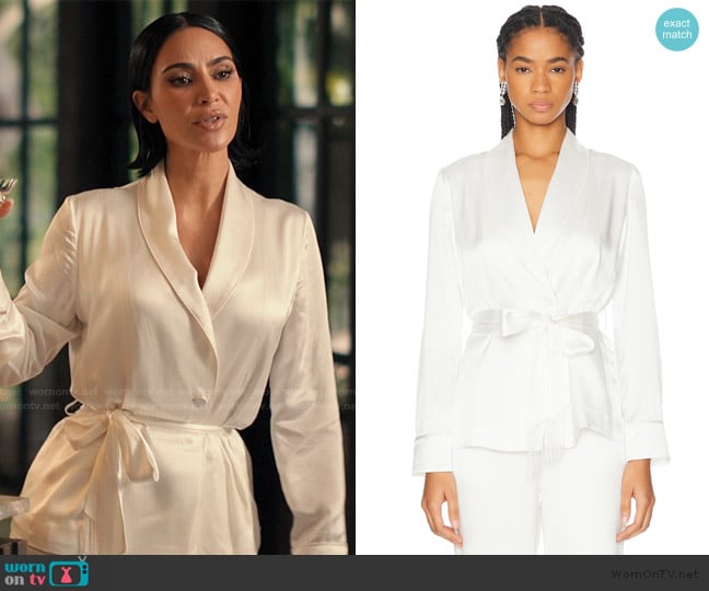 Fleur Du Mal X Galia Lahav Beaded Fringe Silk Smoking Jacket worn by Allura Grant (Kim Kardashian) on Alls Fair