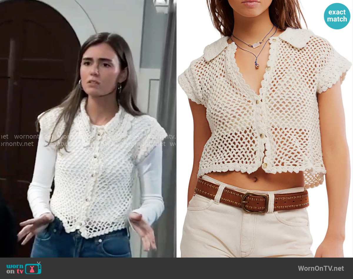 Free People Lily Crop Crochet Cardigan in Coconut Milk worn by Emma Scorpio-Drake (Braedyn Bruner) on General Hospital