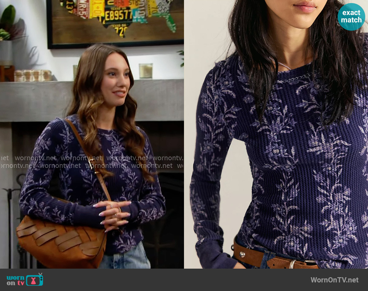 Free People Pretty Little Thermal in Blue Folk Vines worn by Melissa Dylan (Sydney Bullock) on The Bold and the Beautiful