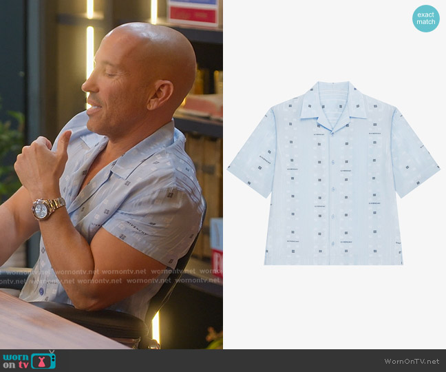 Givenchy 4G Jacquard Hawaiian Shirt in Blue worn by Jason Oppenheim on Selling Sunset