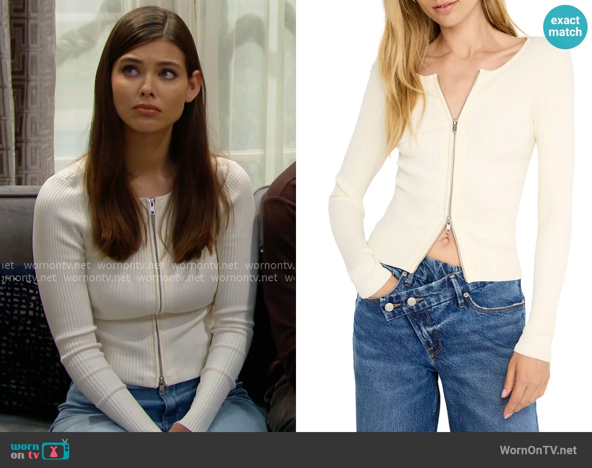 Good American Virgo Rib Zip Cardigan in Warm Ivory worn by Electra Forrester (Laneya Grace) on The Bold and the Beautiful