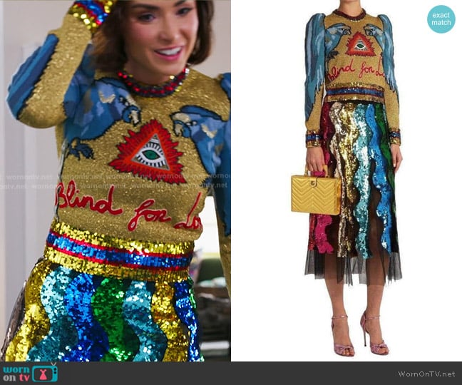 Gucci Appliquéd Sequin-embellished Intarsia Knitted Sweater worn by Bronwyn Newport on The Real Housewives of Salt Lake City