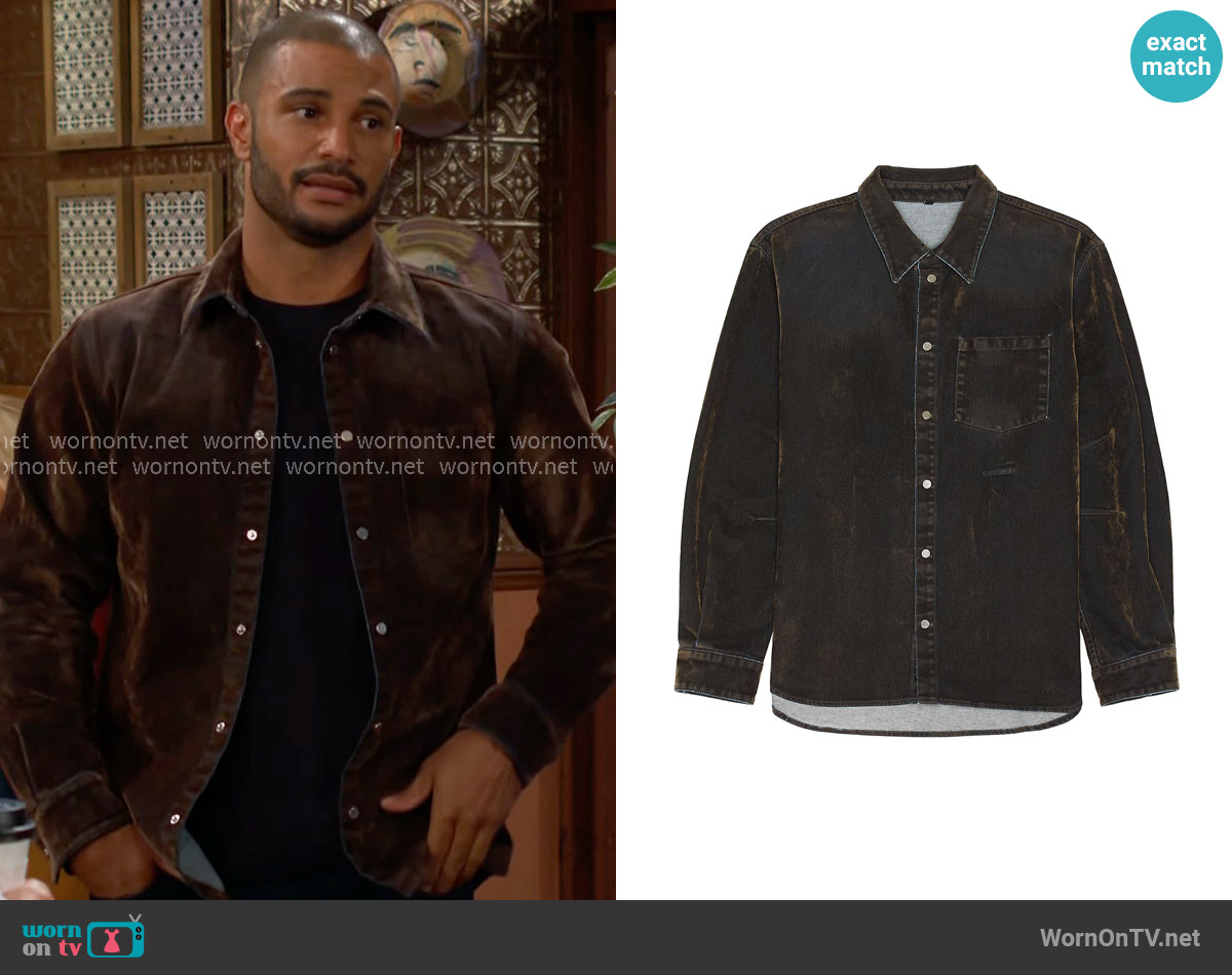 Helmut Lang Curved Shirt in Flocked Olive worn by Holden Novak (Nathan Owens) on The Young and the Restless