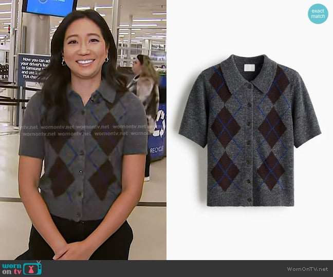 H&M Cardigan with Collar in Dark gray melange/argyle worn by Kathy Park on Today