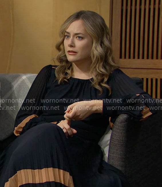 Hope’s navy and tan stripe pleated dress on The Bold and the Beautiful