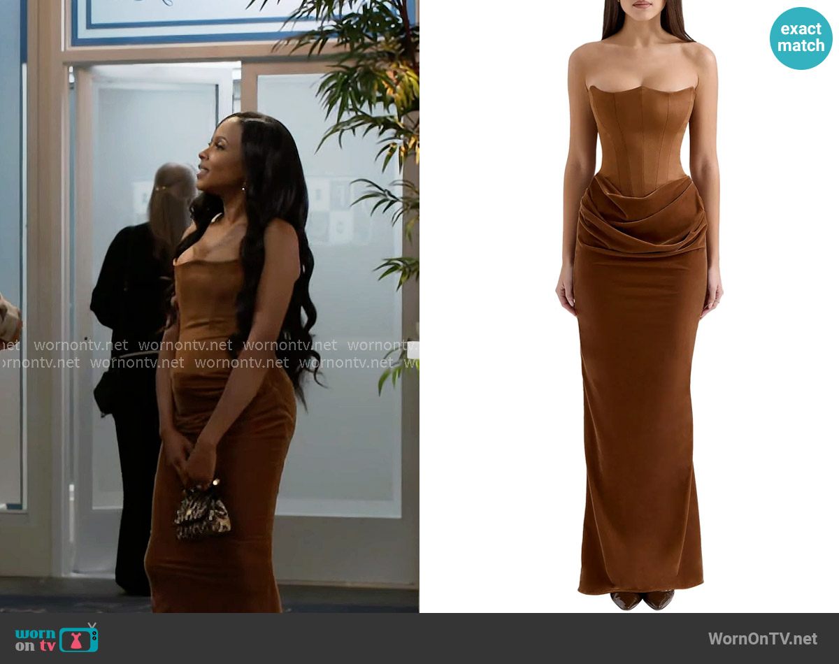 House of CB Persephone Strapless Corset Satin & Velvet Gown in Toffee worn by Hayley Lawson (Marquita Goings) on Beyond the Gates