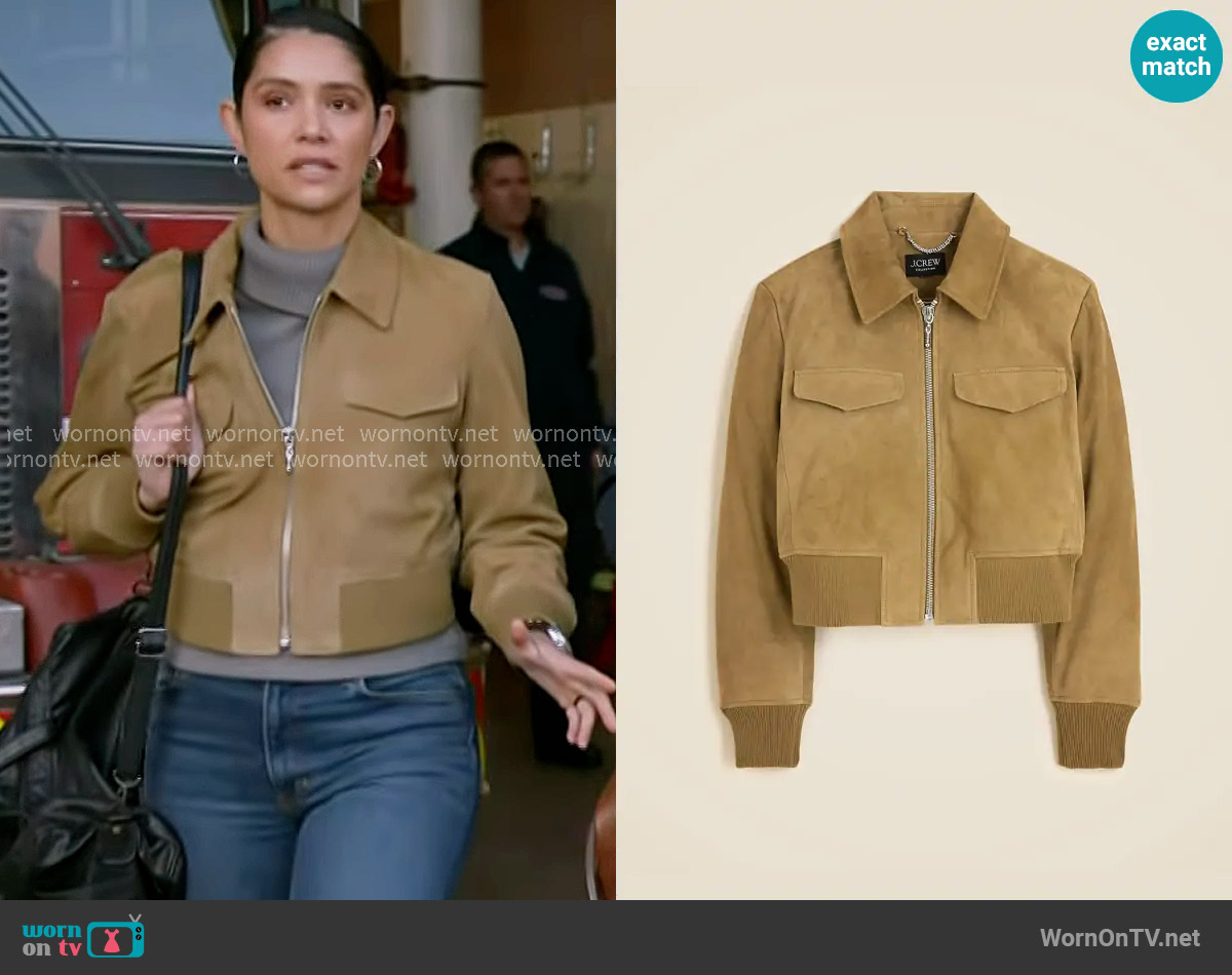 J. Crew Collection cropped flight jacket in suede worn by Stella Kidd (Miranda Rae Mayo) on Chicago Fire