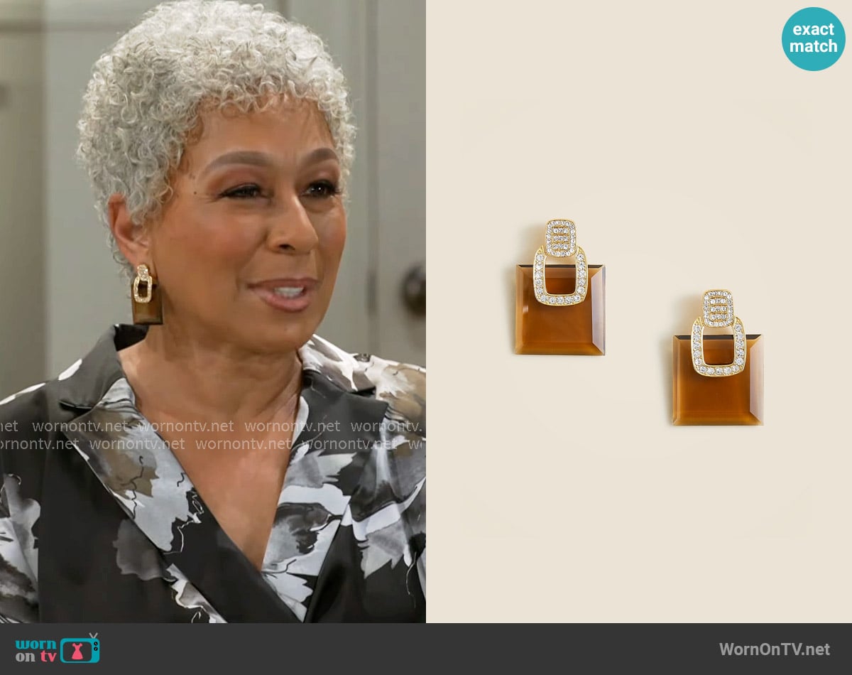 J. Crew Square gemstone stud earrings worn by Anita Dupree (Tamara Tunie) on Beyond the Gates