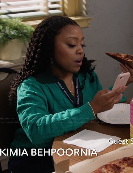 Janine’s green check contrast collar sweater on Abbott Elementary