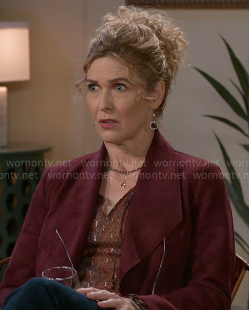 Jan’s red printed metallic blouse and jacket on Beyond the Gates