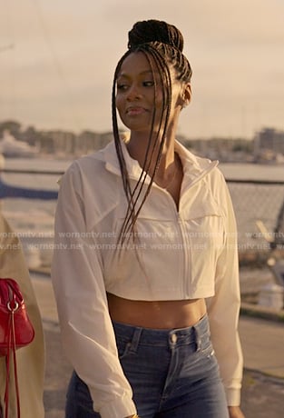Jax’s white cropped zip jacket on Reasonable Doubt