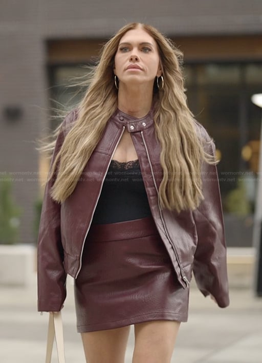 Jessi’s burgundy leather jacket and mini skirt on The Secret Lives of Mormon Wives