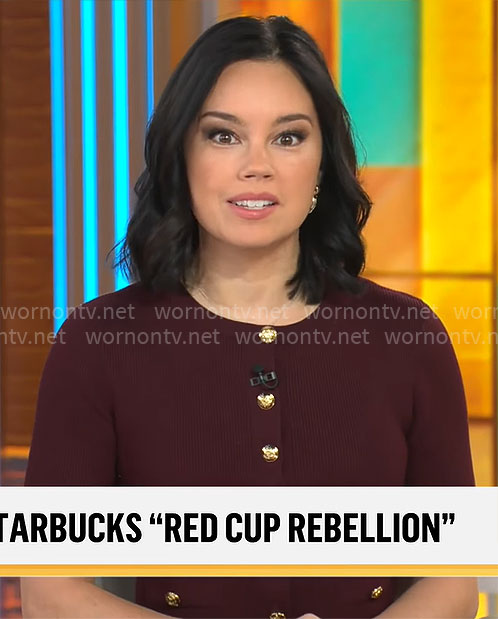 Jo Ling Kent’s burgundy cardigan with gold buttons on CBS Mornings