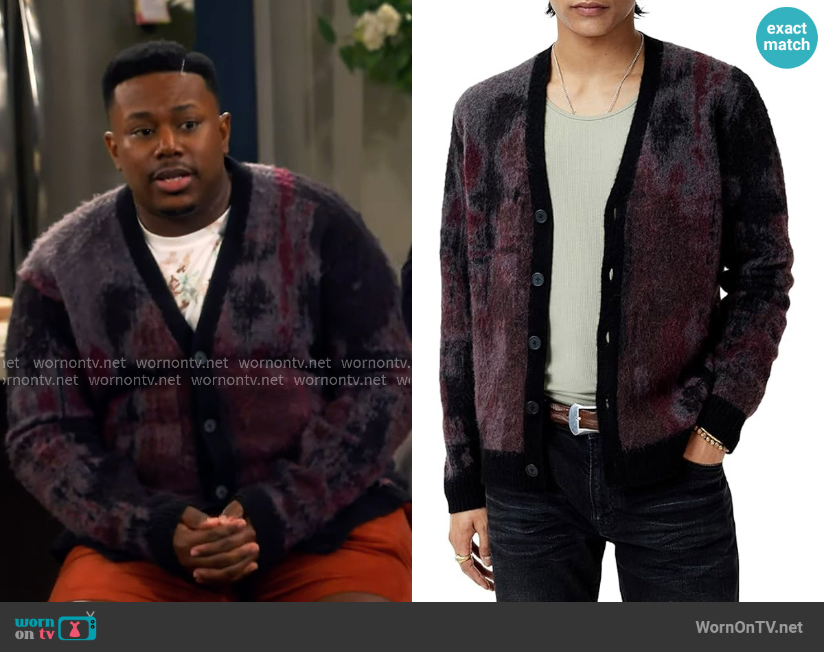 John Varvatos Dio Cardigan in Dark Plum worn by Marty (Marcel Spears) on The Neighborhood