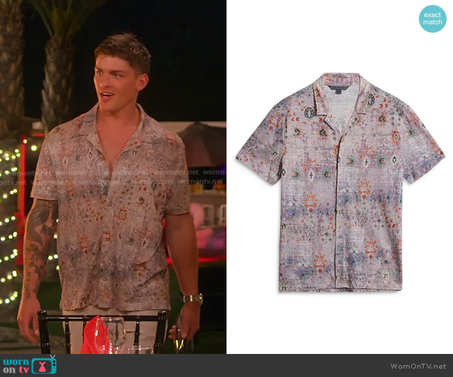 John Varvatos Espino Linen Printed Camp Shirt in Lavender worn by (Austin Victoria) on Selling the OC