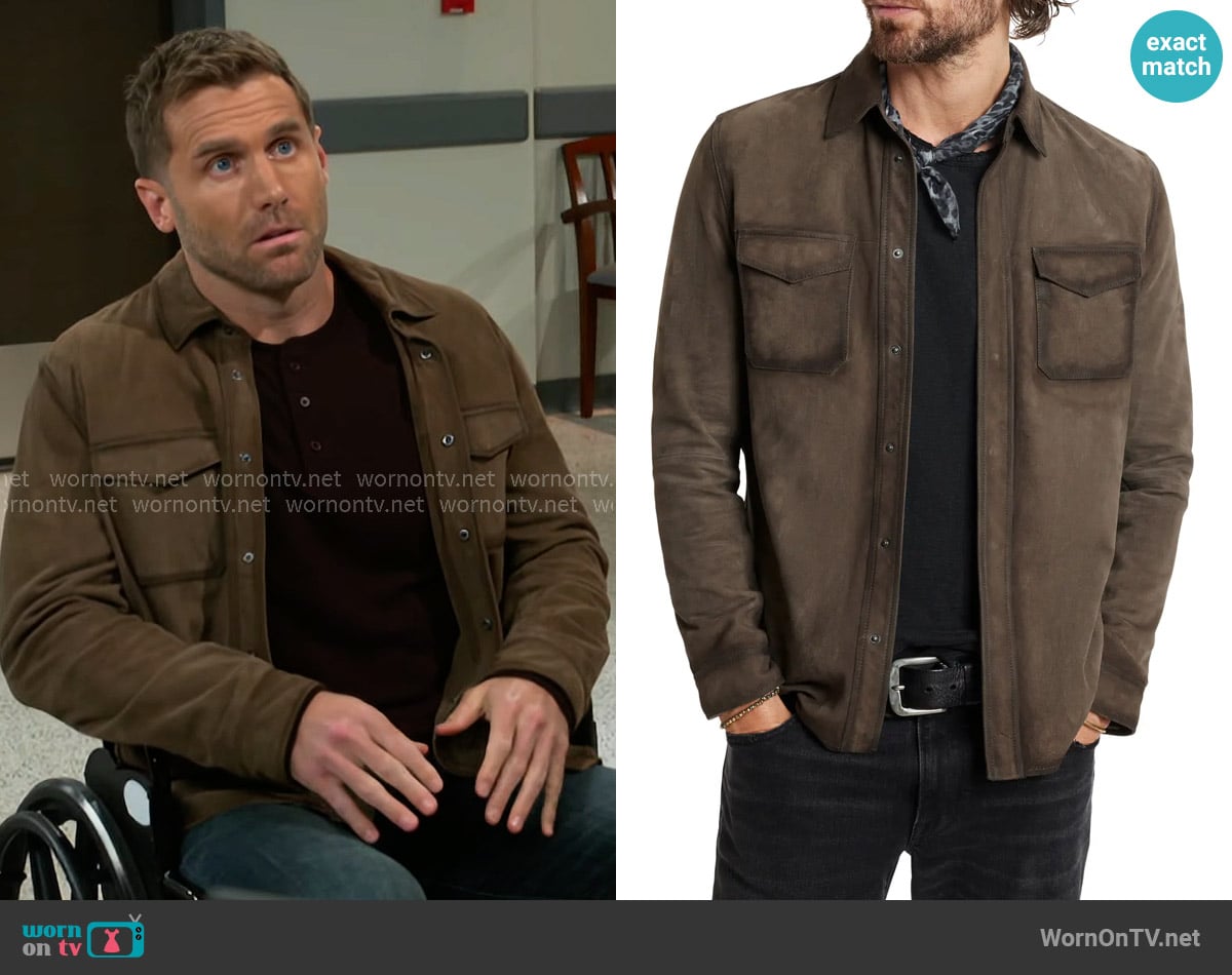 John Varvatos Izzy Suede Shirt Jacket in Earth worn by Derek Baldwin (Ben Gavin) on Beyond the Gates