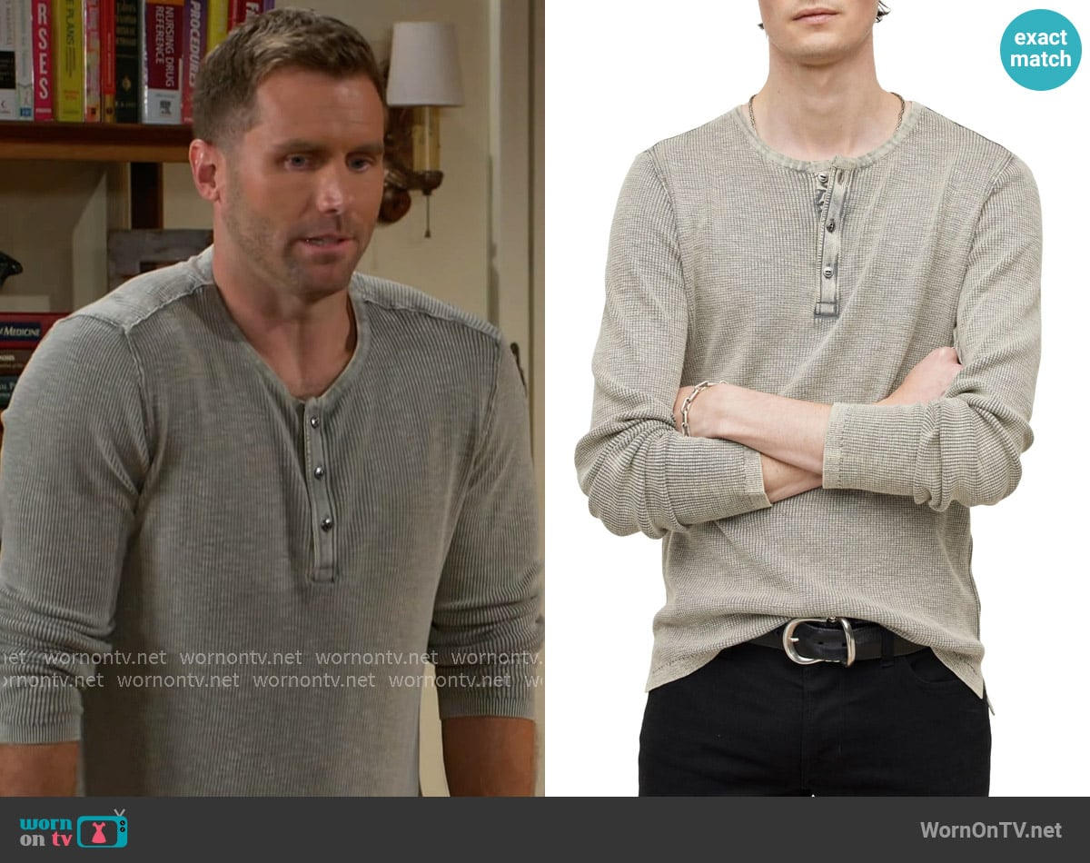 John Varvatos Memphis Waffle Long Sleeve Henley in Grey Heather worn by Derek Baldwin (Ben Gavin) on Beyond the Gates