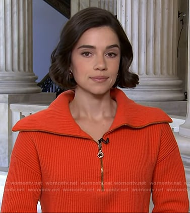 Julie’s red ribbed half-zip sweater on NBC News Daily