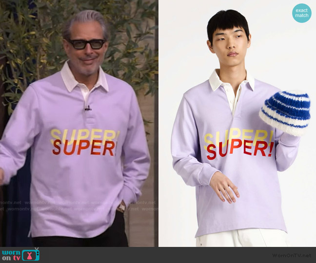 JW Anderson Rugby polo top in purple worn by Jeff Goldblum on Live with Kelly and Mark