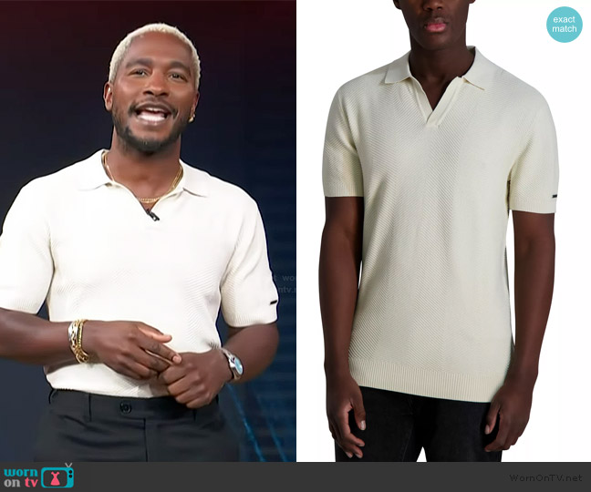 Karl Lagerfeld Short Sleeve Textured Open Collar Polo Shirt worn by Scott Evans on Access Hollywood