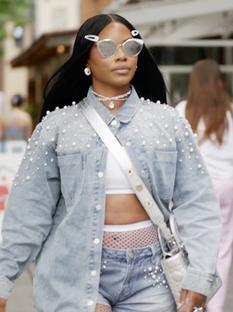 Keiarna’s denim embellished jacket and shorts on The Real Housewives of Potomac