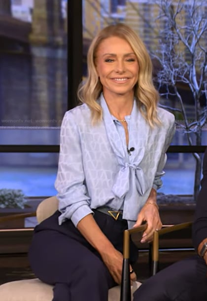 Kelly’s blue tie neck blouse on Live with Kelly and Mark