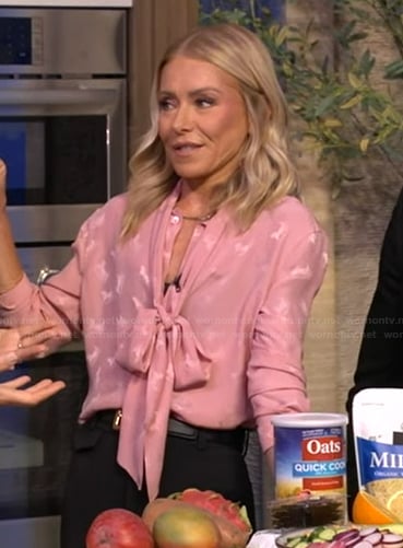 Kelly’s pink tie neck blouse on Live with Kelly and Mark