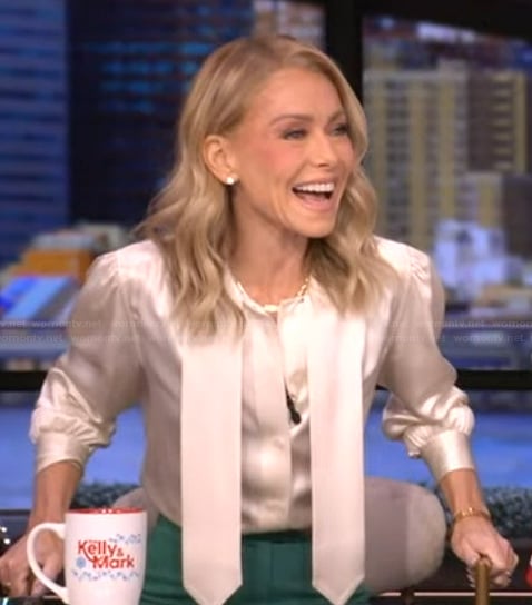 Kelly’s white tie neck silk blouse on Live with Kelly and Mark