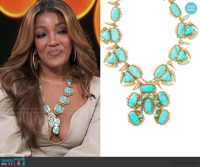Kendra Scott Odessa Vintage Gold Statement Necklace in Variegated turquoise magnesite worn by Mickey Guyton on Access Hollywood