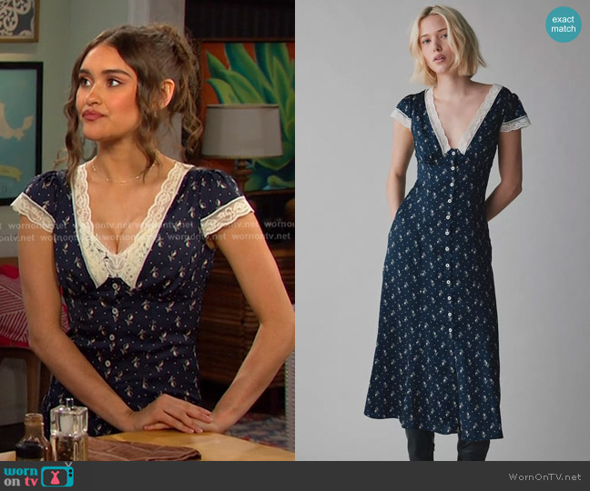 Kimchi Blue Faye Lace Trim Button-Down Midi Dress worn by Arianna Horton (Marissa Reyes) on Days of our Lives