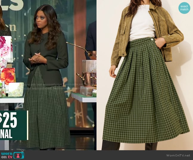Kowtow Flora Midi Skirt in Green worn by Morgan Norwood on Good Morning America