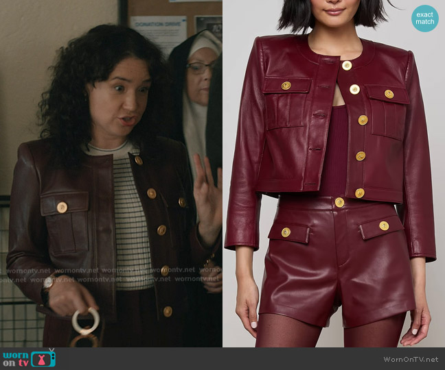 L'Agence Deidra Cropped Leather Jacket in Black Cherry worn by Marissa Gold (Sarah Steele) on Elsbeth